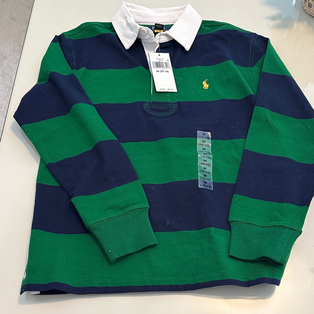 NWT Polo by Ralph Lauren Boys Rugby Striped Green and Navy Polo - Picture 2 of 6